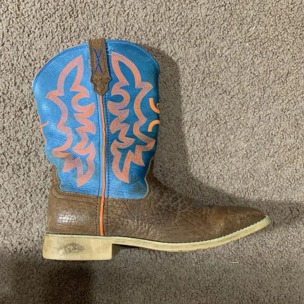 Twisted X YHY0001 Brown Blue Leather Neon Stitching Cowboy Boot Youth Size 4M